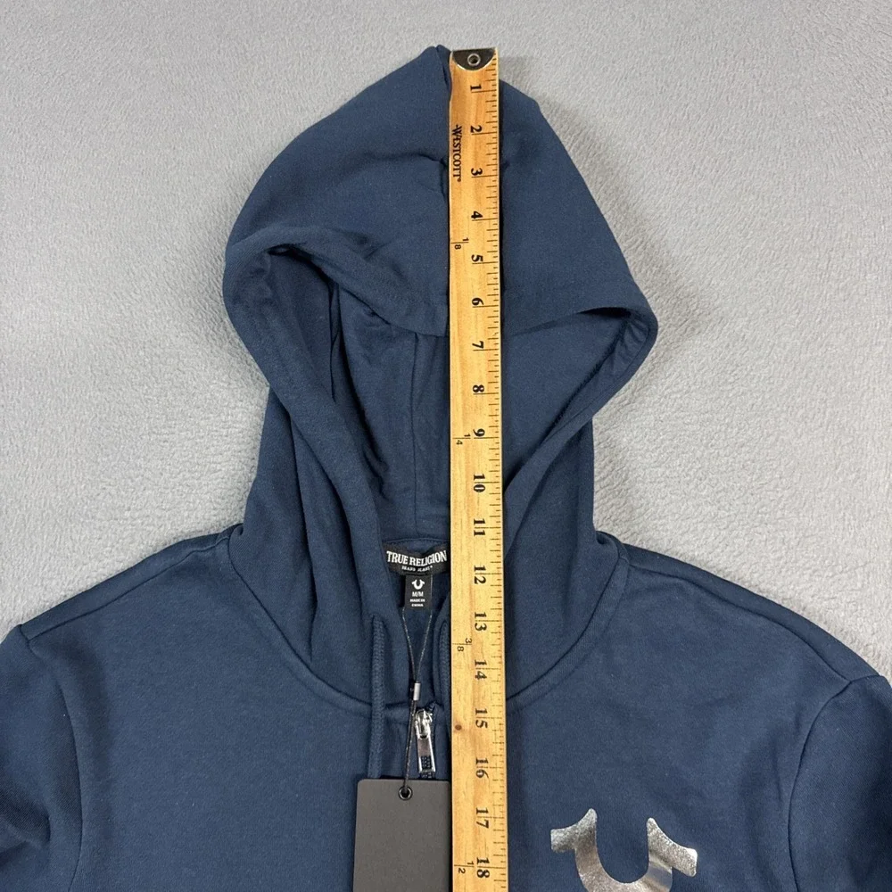 True Religion Full Zip Hoodie Mens Medium Blue Metallic Buddha Sweatshirt NWT